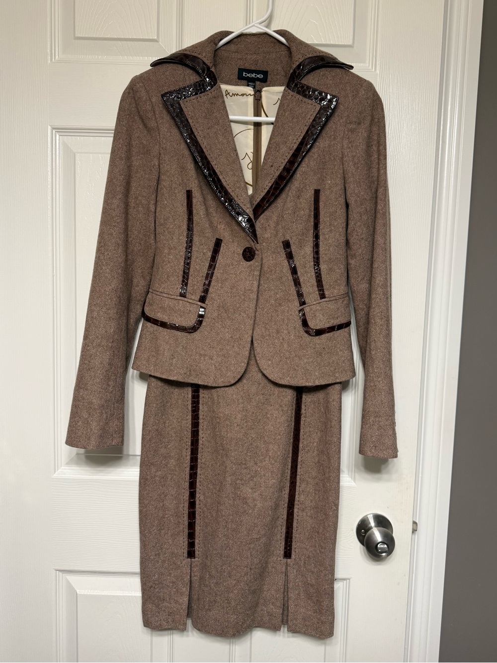 bebe Brown Tweed Blazer and Skirt with Patent Trim